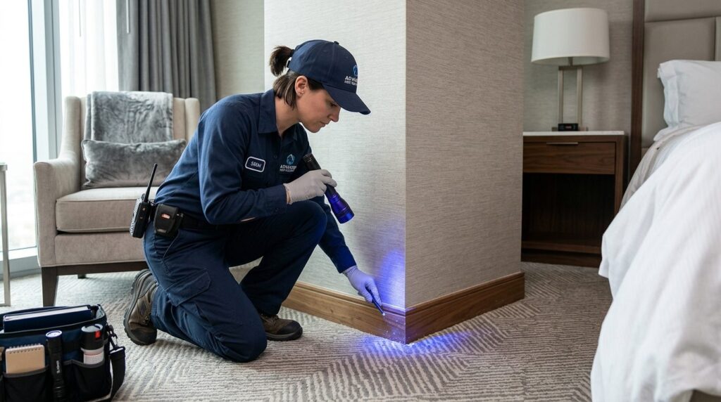 Professional pest control technician in uniform with equipme
