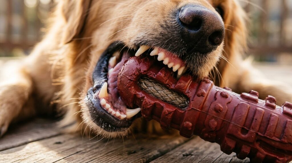 Close-up detail shot of a dogs mouth and teeth interacting 