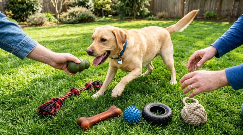Overhead lifestyle shot of a happy dog playing outdoors with