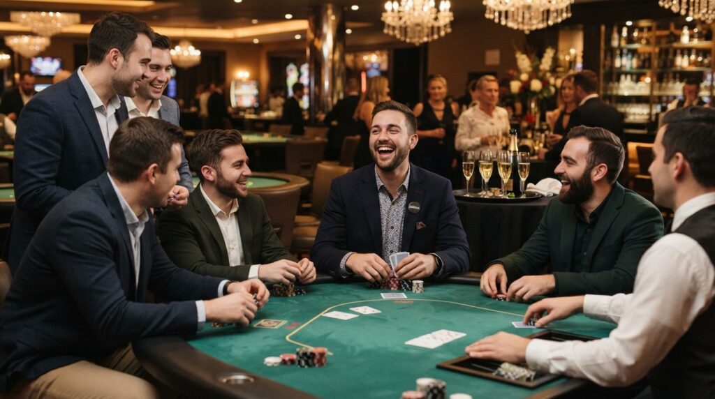 Professional stock photo of a groom-to-be laughing at a poke