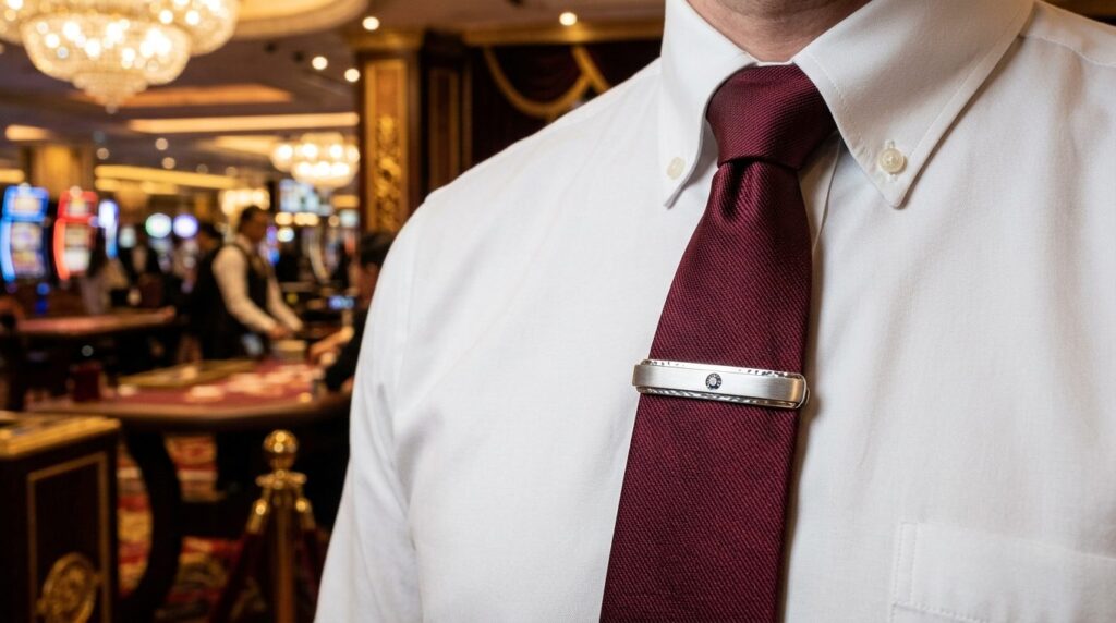 Close-up detail shot of an elegant tie clip fastening a burg