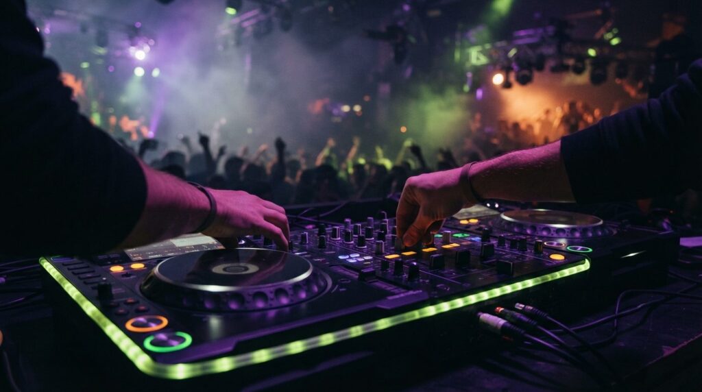 Close-up of professional DJ equipment and lighting control p