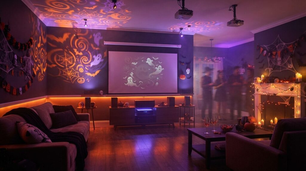 Living room transformed with professional Halloween party li