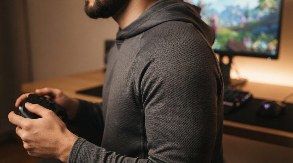 Close-up detail shot of premium mens hoodie fabric texture 